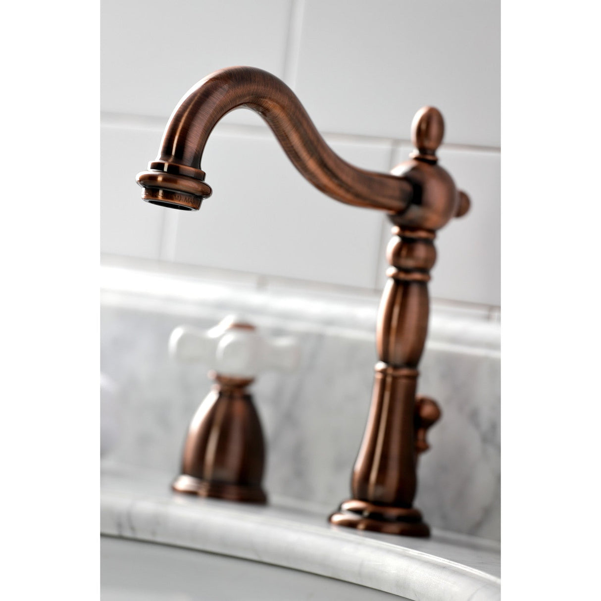 Heritage KB197PXAC Two-Handle 3-Hole Deck Mount Widespread Bathroom Faucet with Brass Pop-Up, Antique Copper