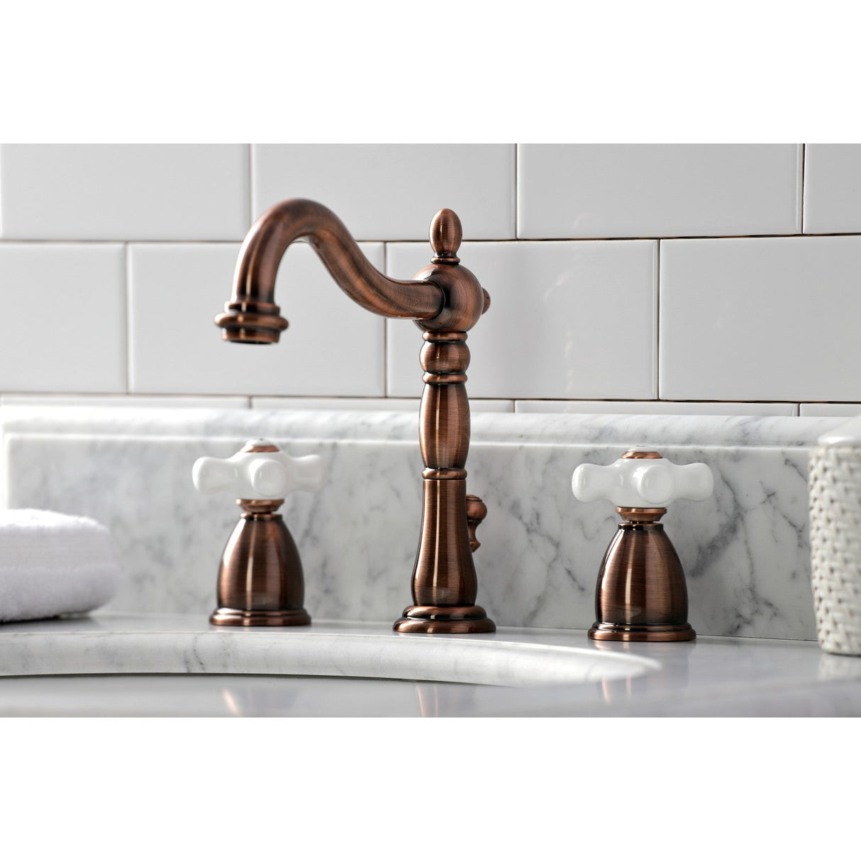 Heritage KB197PXAC Two-Handle 3-Hole Deck Mount Widespread Bathroom Faucet with Brass Pop-Up, Antique Copper