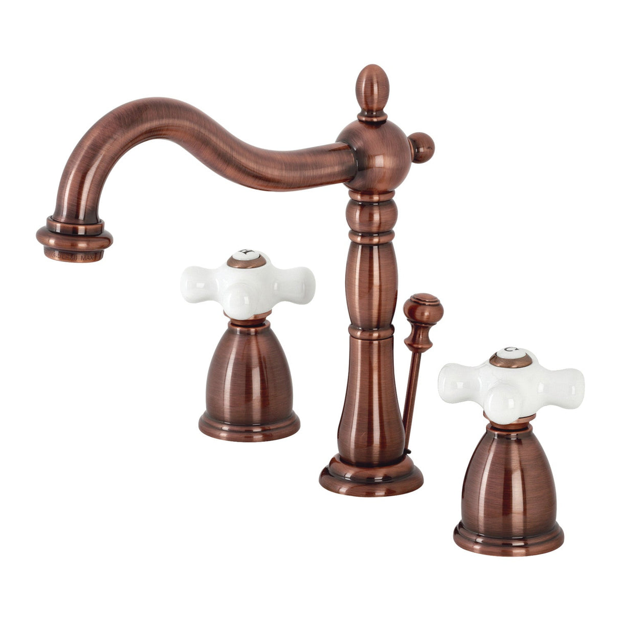 Heritage KB197PXAC Two-Handle 3-Hole Deck Mount Widespread Bathroom Faucet with Brass Pop-Up, Antique Copper