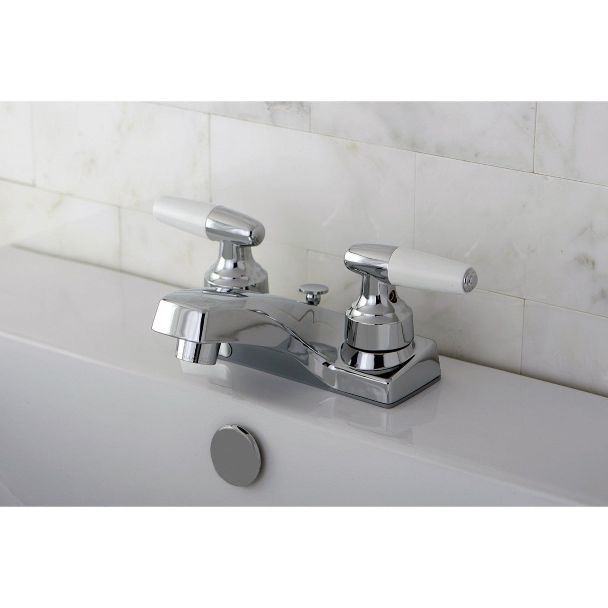 KB201B Two-Handle 3-Hole Deck Mount 4" Centerset Bathroom Faucet with Brass Pop-Up, Polished Chrome