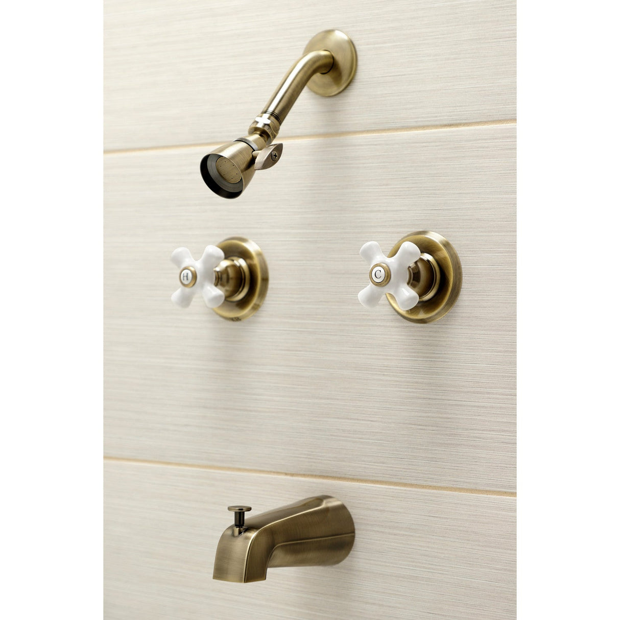 Victorian KB243PXAB Two-Handle 4-Hole Wall Mount Tub and Shower Faucet, Antique Brass