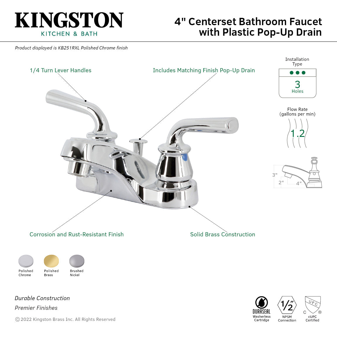 Restoration KB251RXL Two-Handle 3-Hole Deck Mount 4" Centerset Bathroom Faucet with Plastic Pop-Up, Polished Chrome