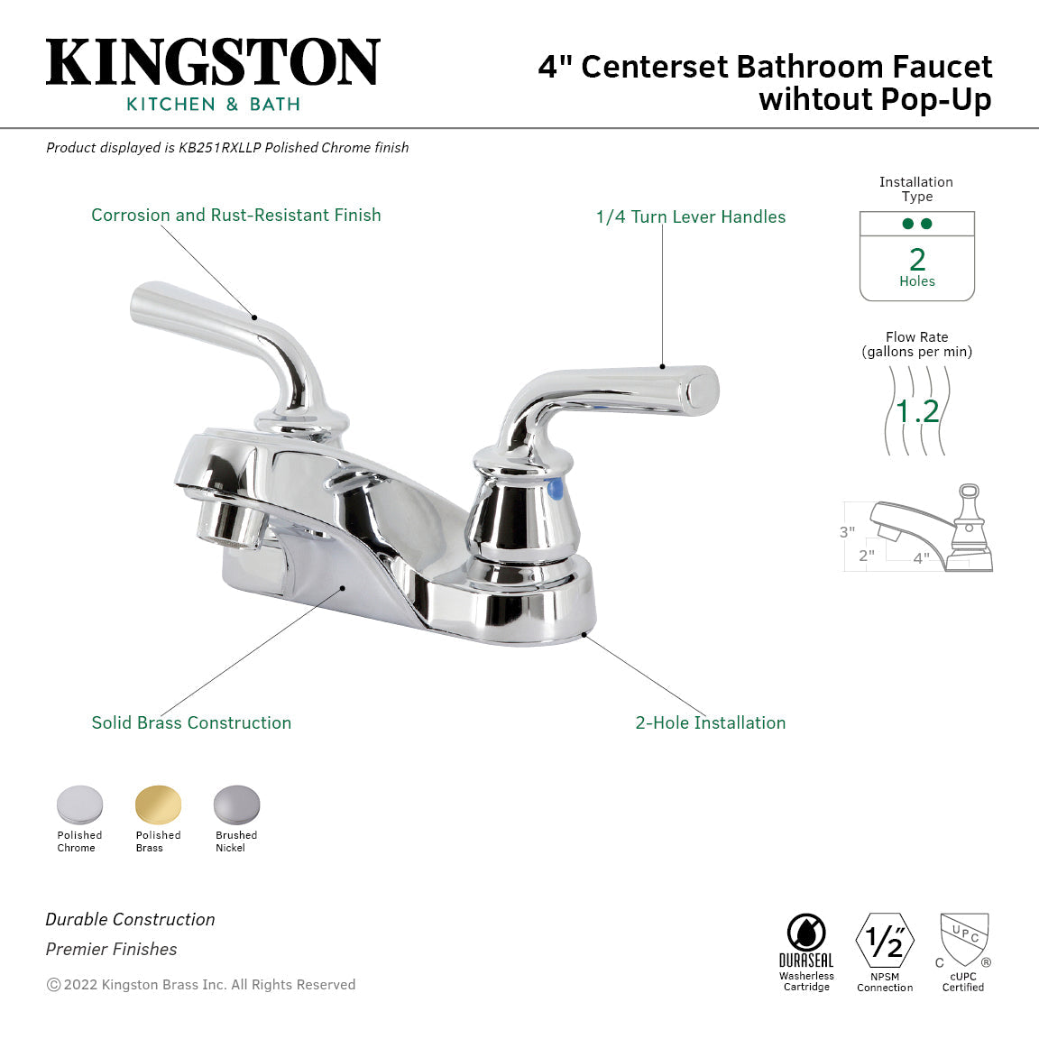 Restoration KB251RXLLP Two-Handle 3-Hole Deck Mount 4" Centerset Bathroom Faucet, Polished Chrome