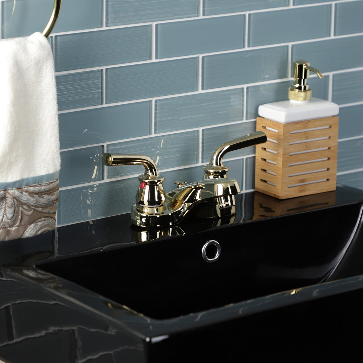 Restoration KB252RXLB Two-Handle 3-Hole Deck Mount 4" Centerset Bathroom Faucet with Brass Pop-Up, Polished Brass