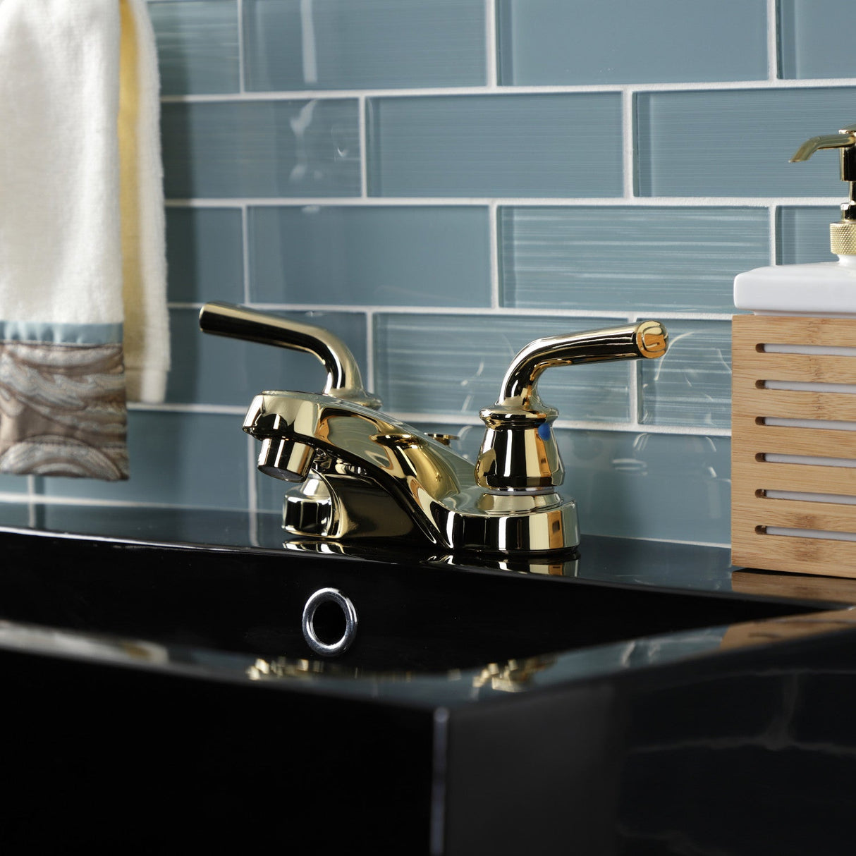 Restoration KB252RXLB Two-Handle 3-Hole Deck Mount 4" Centerset Bathroom Faucet with Brass Pop-Up, Polished Brass