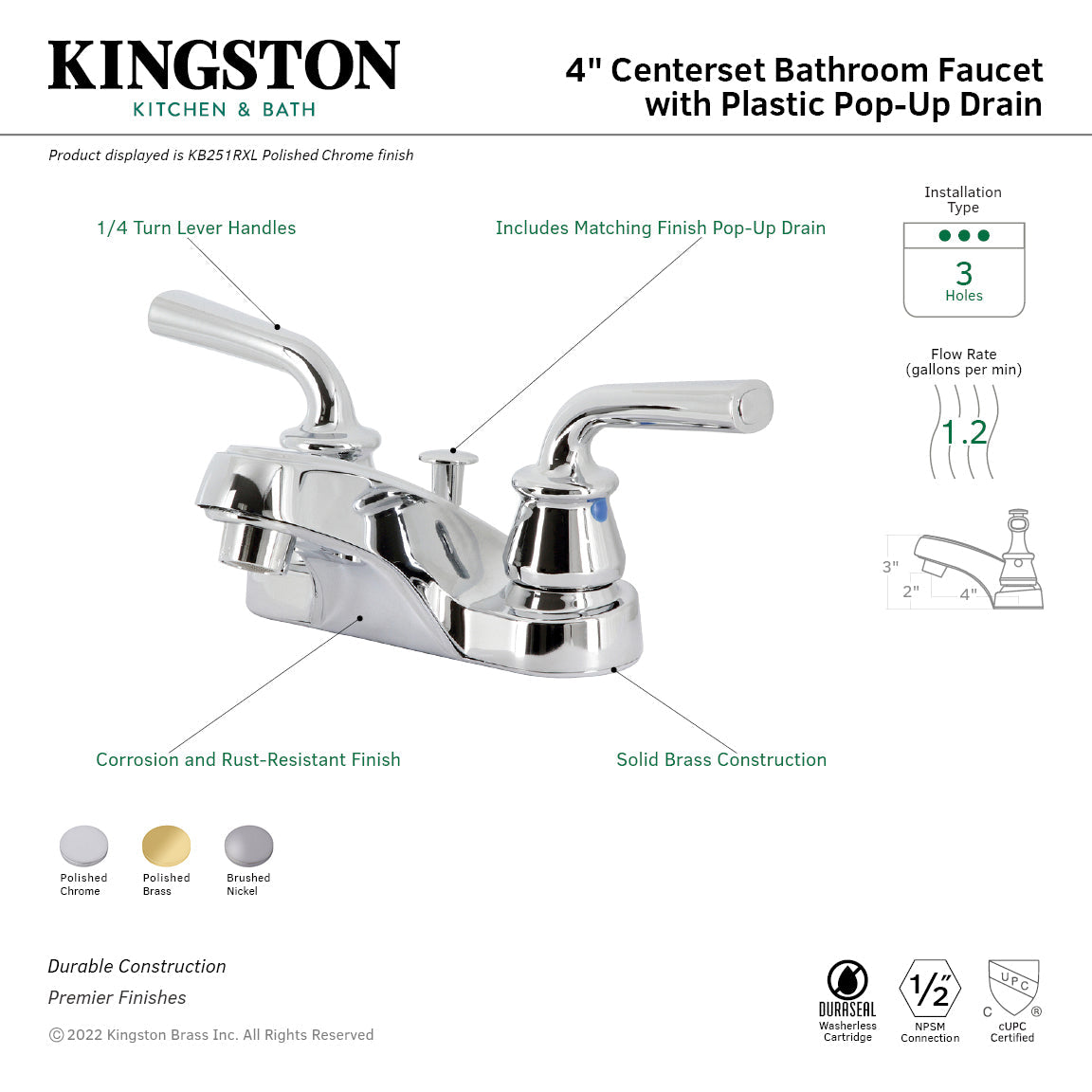 Restoration KB258RXL Two-Handle 3-Hole Deck Mount 4" Centerset Bathroom Faucet with Plastic Pop-Up, Brushed Nickel