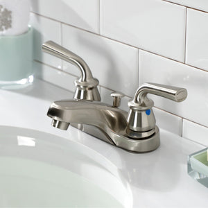 Restoration KB258RXL Two-Handle 3-Hole Deck Mount 4" Centerset Bathroom Faucet with Plastic Pop-Up, Brushed Nickel