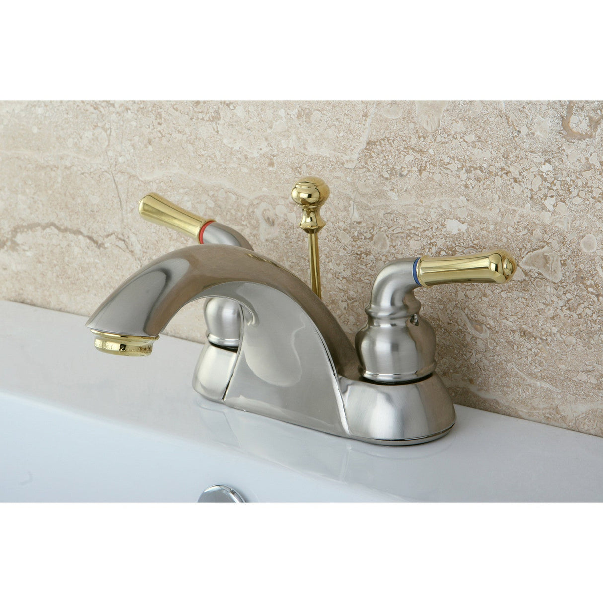 Naples KB2629 Two-Handle 3-Hole Deck Mount 4" Centerset Bathroom Faucet with Plastic Pop-Up, Brushed Nickel/Polished Brass