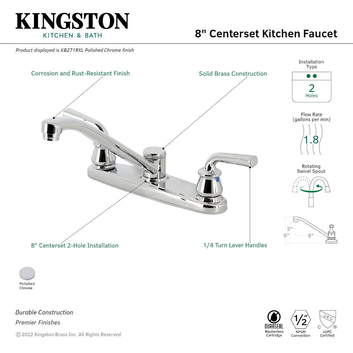 Restoration KB271RXL Two-Handle 2-Hole Deck Mount 8" Centerset Kitchen Faucet, Polished Chrome