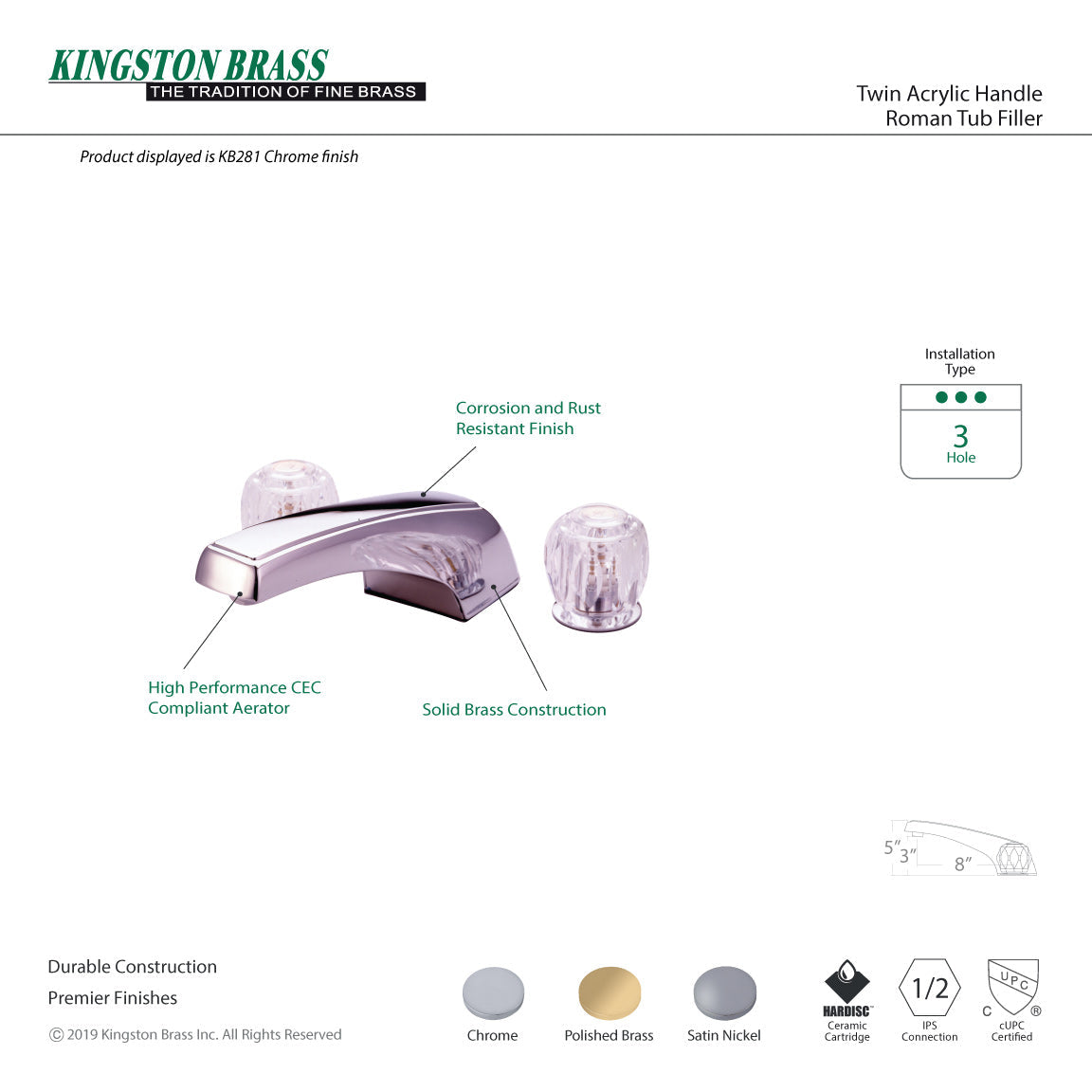 KB288 Two-Handle 3-Hole Deck Mount Roman Tub Faucet, Brushed Nickel