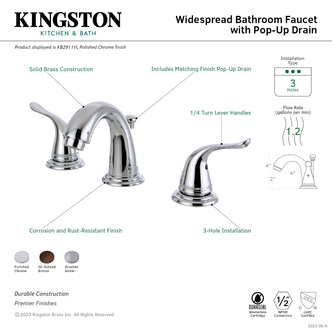 Yosemite KB2911YL Two-Handle 3-Hole Deck Mount Widespread Bathroom Faucet with Plastic Pop-Up, Polished Chrome