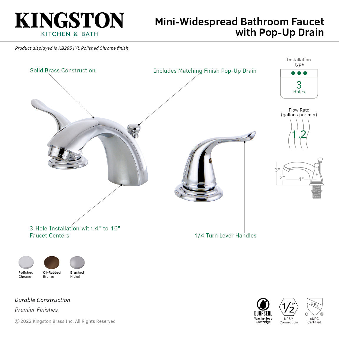 Yosemite KB2951YL Two-Handle 3-Hole Deck Mount Mini-Widespread Bathroom Faucet with Plastic Pop-Up, Polished Chrome