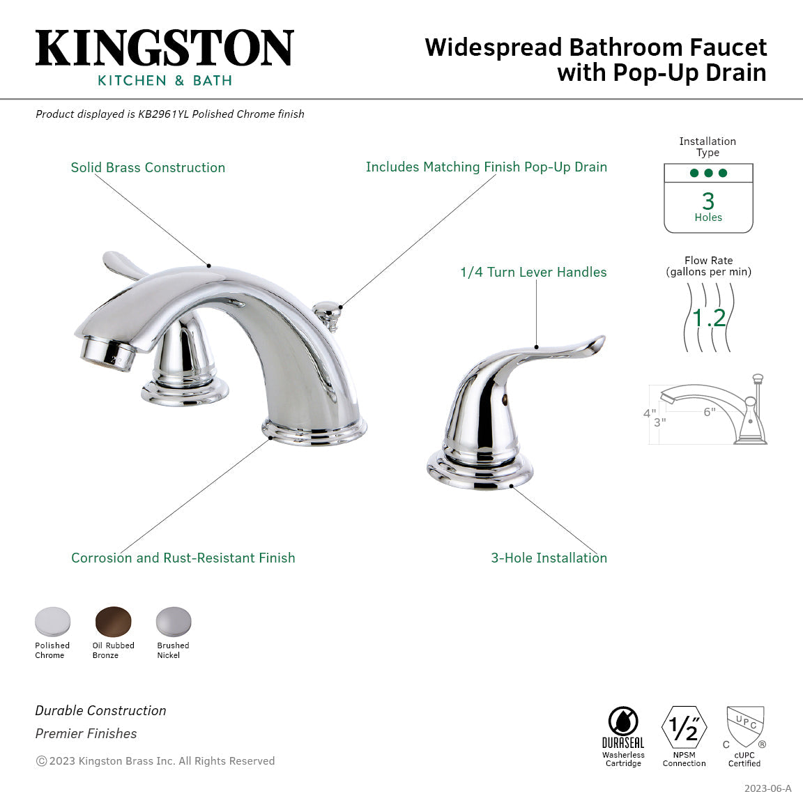 Yosemite KB2965YL Two-Handle 3-Hole Deck Mount Widespread Bathroom Faucet with Plastic Pop-Up, Oil Rubbed Bronze