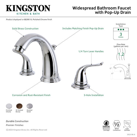 Yosemite KB2981YL Two-Handle 3-Hole Deck Mount Widespread Bathroom Faucet with Plastic Pop-Up, Polished Chrome