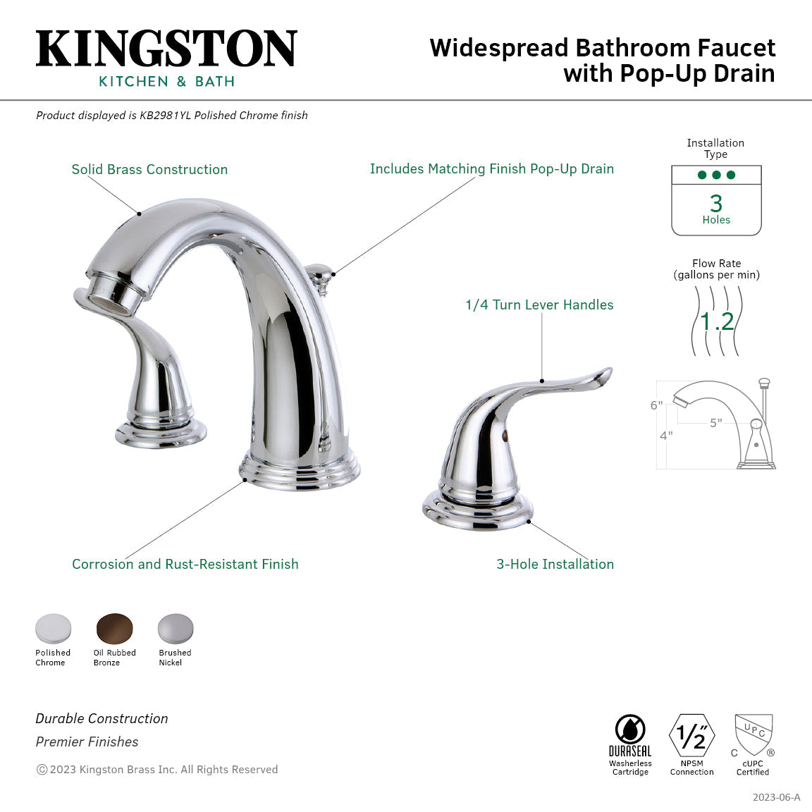 Yosemite KB2988YL Two-Handle 3-Hole Deck Mount Widespread Bathroom Faucet with Plastic Pop-Up, Brushed Nickel