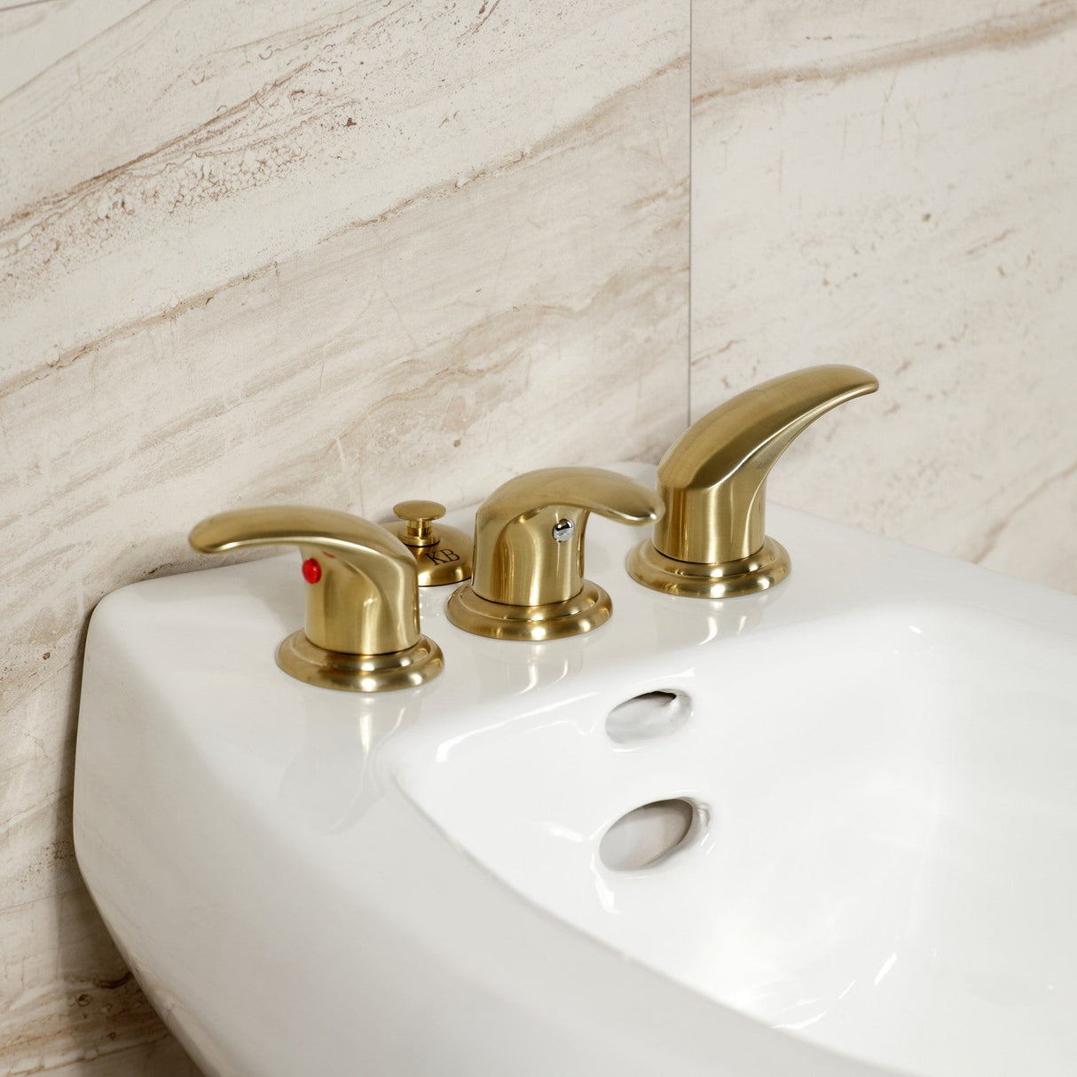 Legacy KB327LL Three-Handle Deck Mount Bidet Faucet with Brass Pop-Up, Brushed Brass