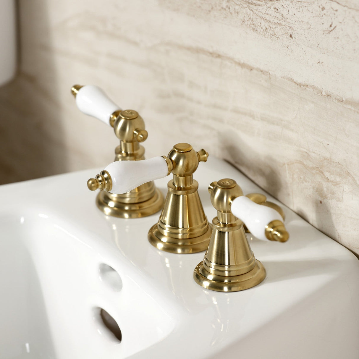 Victorian KB327PL Three-Handle Vertical Spray Bidet Faucet with Brass Pop-Up, Brushed Brass