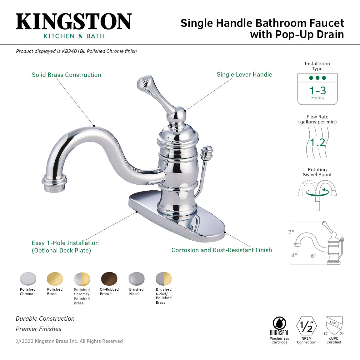 Victorian KB3402BL Single-Handle 1-Hole Deck Mount Bathroom Faucet with Plastic Pop-Up, Polished Brass