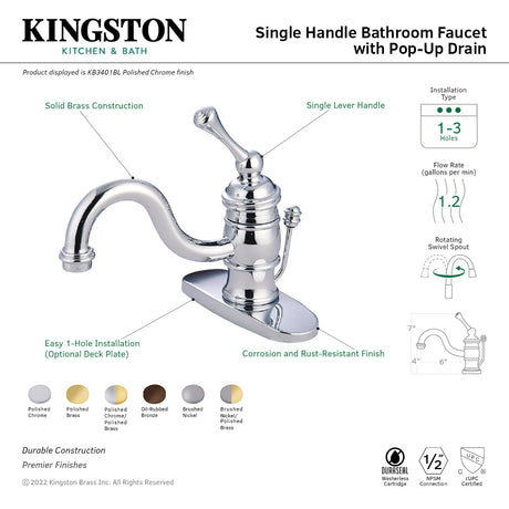 Victorian KB3402BL Single-Handle 1-Hole Deck Mount Bathroom Faucet with Plastic Pop-Up, Polished Brass