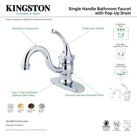 Georgian KB3405GL Single-Handle 1-Hole Deck Mount Bathroom Faucet with Plastic Pop-Up, Oil Rubbed Bronze