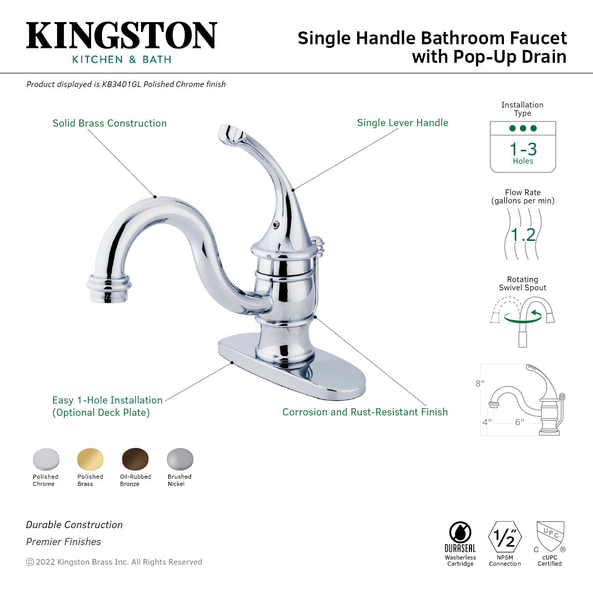 Georgian KB3408GL Single-Handle 1-Hole Deck Mount Bathroom Faucet with Plastic Pop-Up, Brushed Nickel