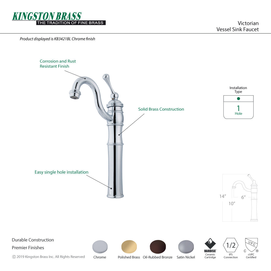 Victorian KB3425BL Single-Handle 1-Hole Deck Mount Vessel Faucet, Oil Rubbed Bronze
