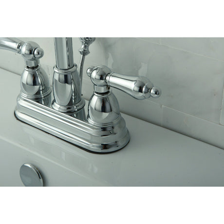 Restoration KB3611AL Two-Handle 3-Hole Deck Mount 4" Centerset Bathroom Faucet with Plastic Pop-Up, Polished Chrome