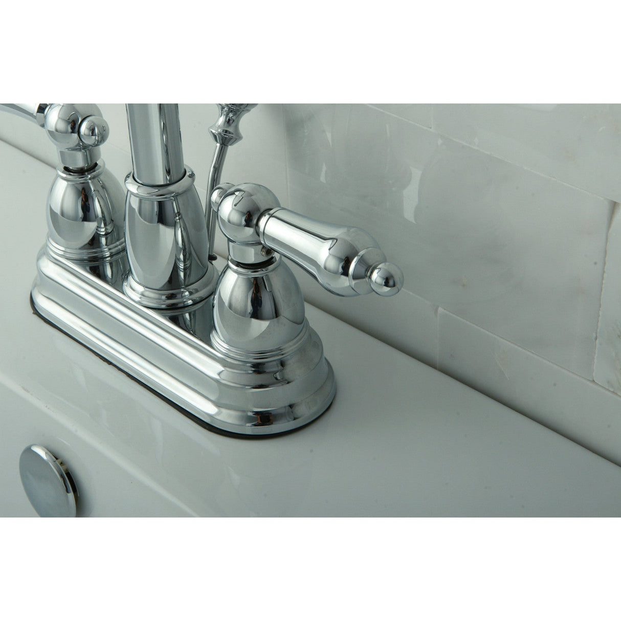 Restoration KB3611AL Two-Handle 3-Hole Deck Mount 4" Centerset Bathroom Faucet with Plastic Pop-Up, Polished Chrome