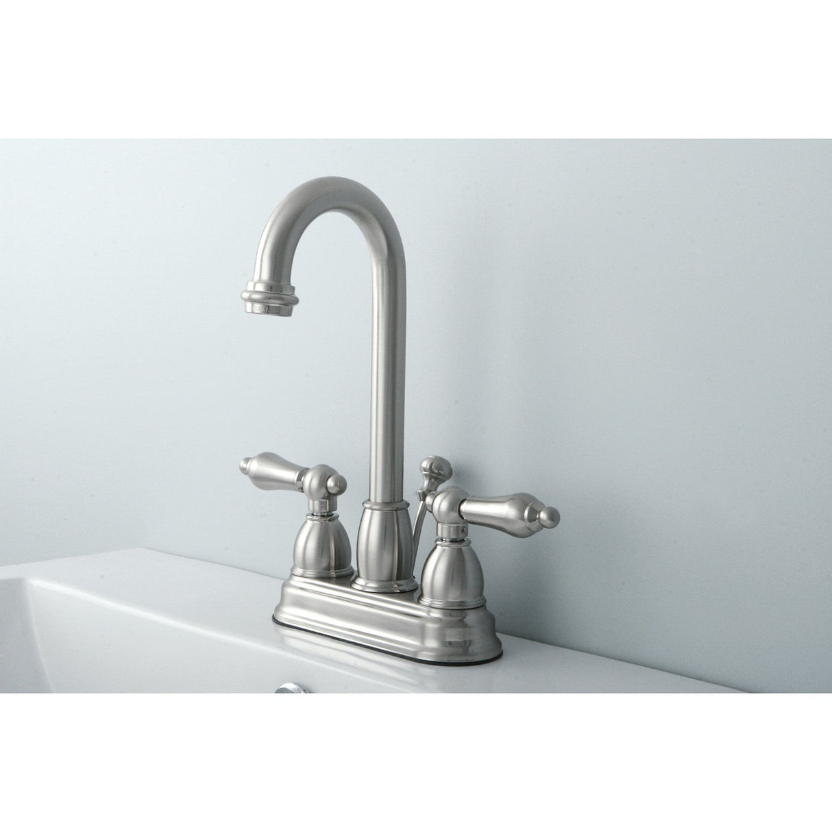 Restoration KB3618AL Two-Handle 3-Hole Deck Mount 4" Centerset Bathroom Faucet with Plastic Pop-Up, Brushed Nickel
