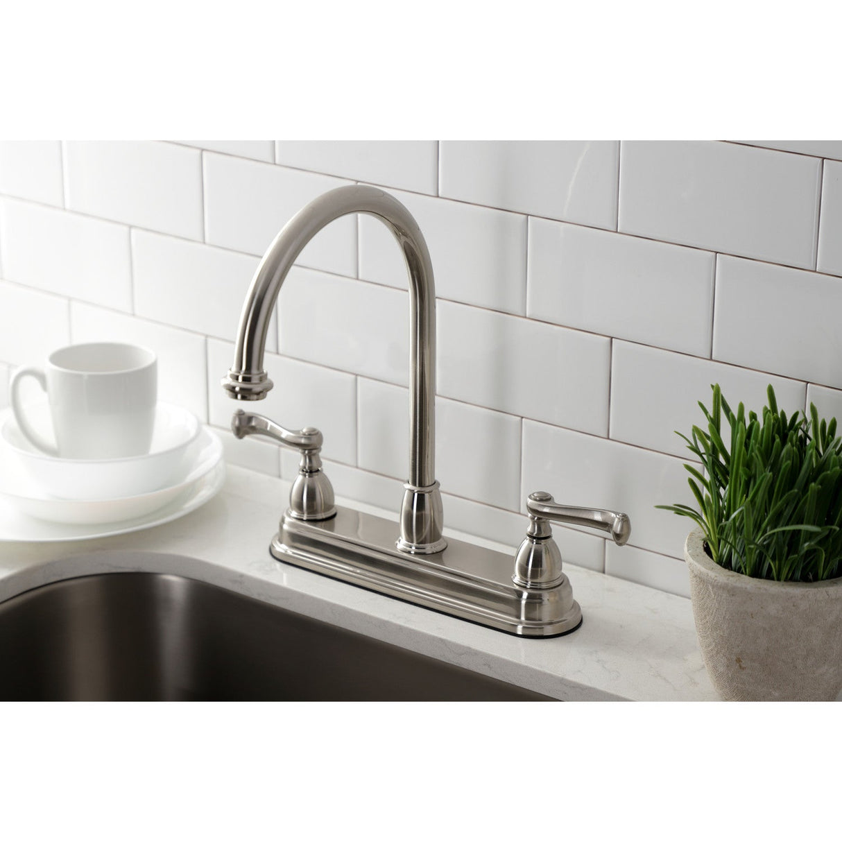 KB3748FL Two-Handle 3-Hole Deck Mount 8" Centerset Kitchen Faucet, Brushed Nickel