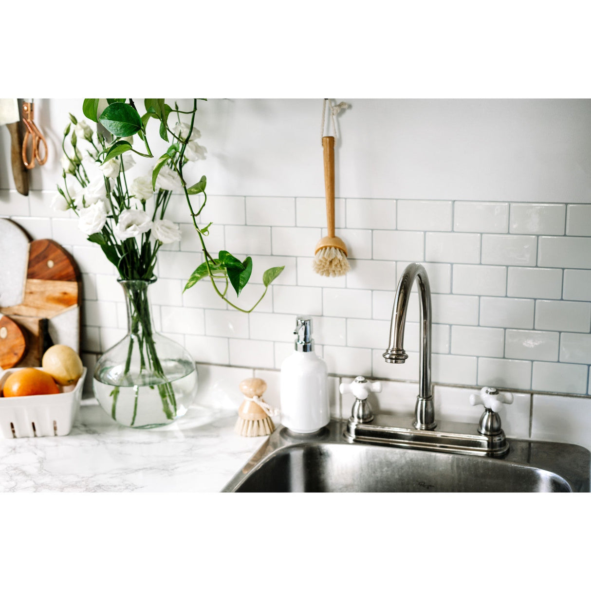 Restoration KB3748PX Two-Handle 3-Hole Deck Mount 8" Centerset Kitchen Faucet, Brushed Nickel