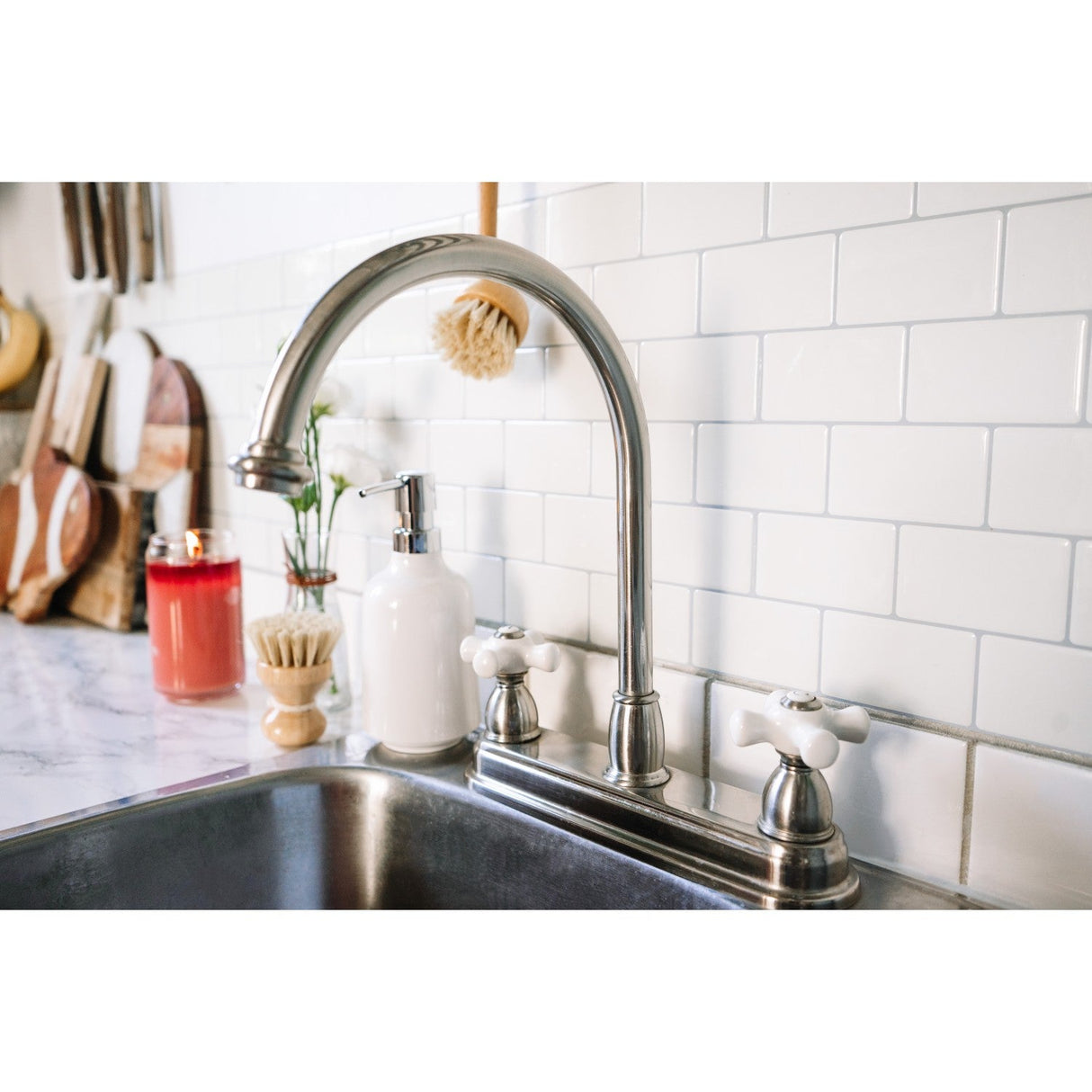 Restoration KB3748PX Two-Handle 3-Hole Deck Mount 8" Centerset Kitchen Faucet, Brushed Nickel