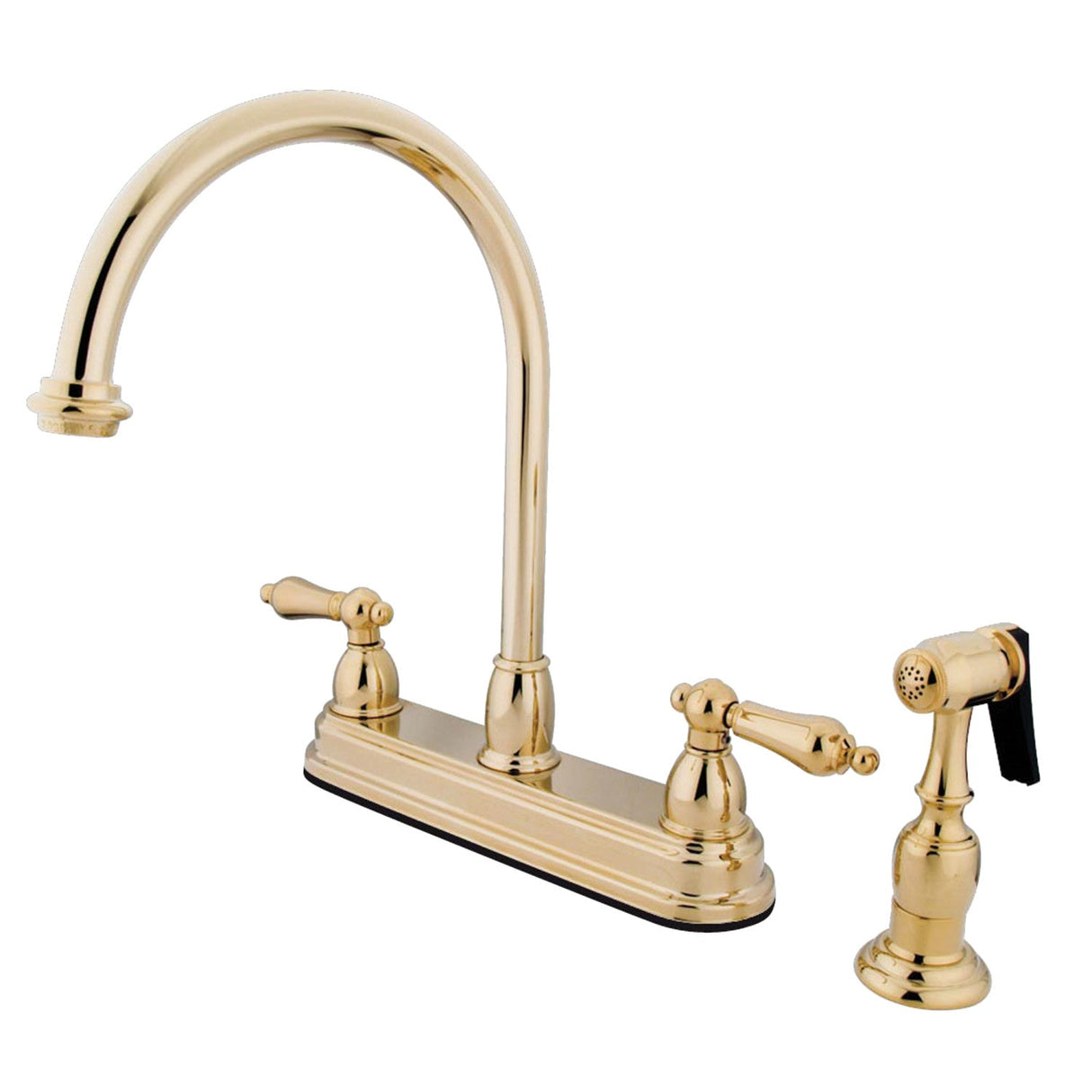 Restoration KB3752ALBS Two-Handle 4-Hole Deck Mount 8" Centerset Kitchen Faucet with Side Sprayer, Polished Brass