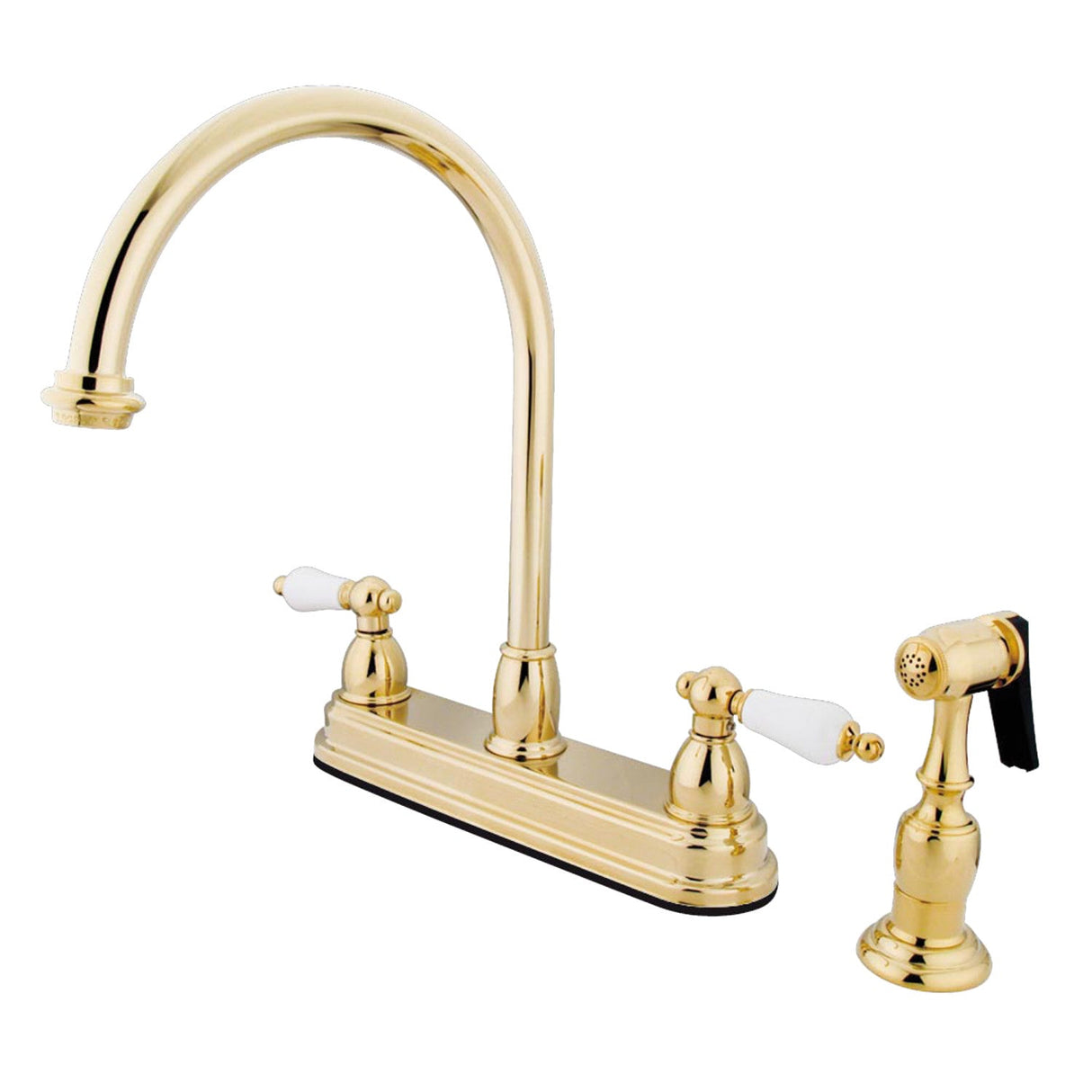 Restoration KB3752PLBS Two-Handle 4-Hole Deck Mount 8" Centerset Kitchen Faucet with Side Sprayer, Polished Brass