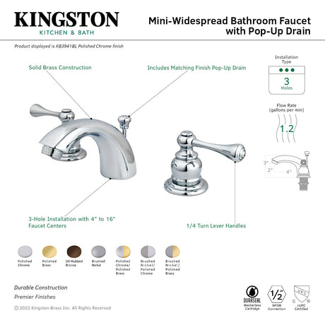 Vintage KB3945BL Two-Handle 3-Hole Deck Mount Mini-Widespread Bathroom Faucet with Plastic Pop-Up, Oil Rubbed Bronze