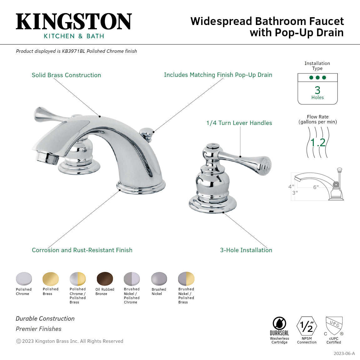 Vintage KB3971BL Two-Handle 3-Hole Deck Mount Widespread Bathroom Faucet with Plastic Pop-Up, Polished Chrome