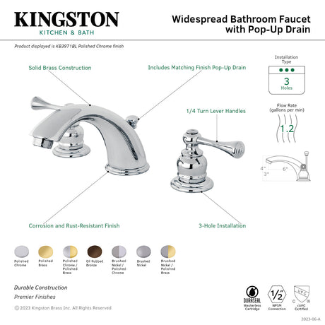 Vintage KB3971BL Two-Handle 3-Hole Deck Mount Widespread Bathroom Faucet with Plastic Pop-Up, Polished Chrome