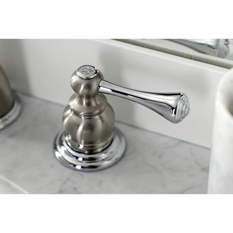 Vintage KB3977BL Two-Handle 3-Hole Deck Mount Widespread Bathroom Faucet with Plastic Pop-Up, Brushed Nickel/Polished Chrome