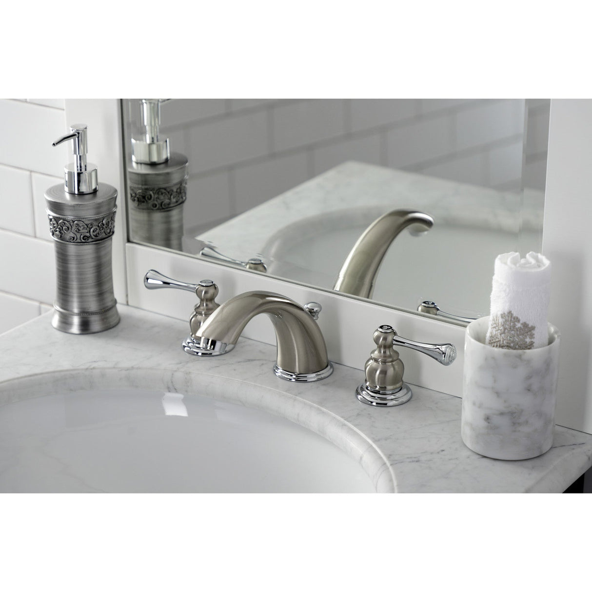 Vintage KB3977BL Two-Handle 3-Hole Deck Mount Widespread Bathroom Faucet with Plastic Pop-Up, Brushed Nickel/Polished Chrome