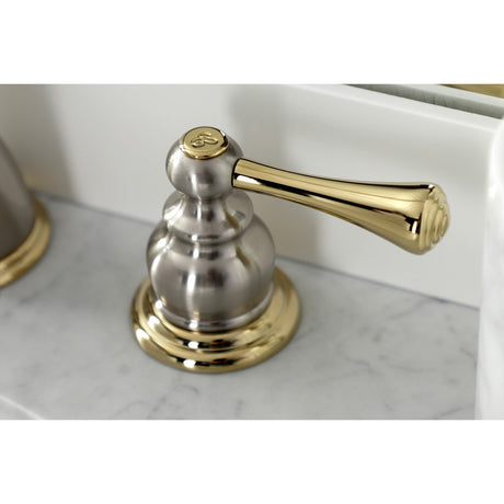 Vintage KB3979BL Two-Handle 3-Hole Deck Mount Widespread Bathroom Faucet with Plastic Pop-Up, Brushed Nickel/Polished Brass