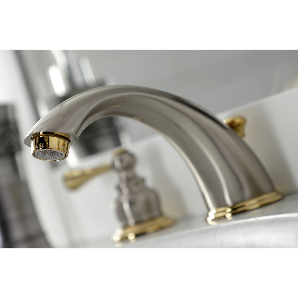 Vintage KB3979BL Two-Handle 3-Hole Deck Mount Widespread Bathroom Faucet with Plastic Pop-Up, Brushed Nickel/Polished Brass
