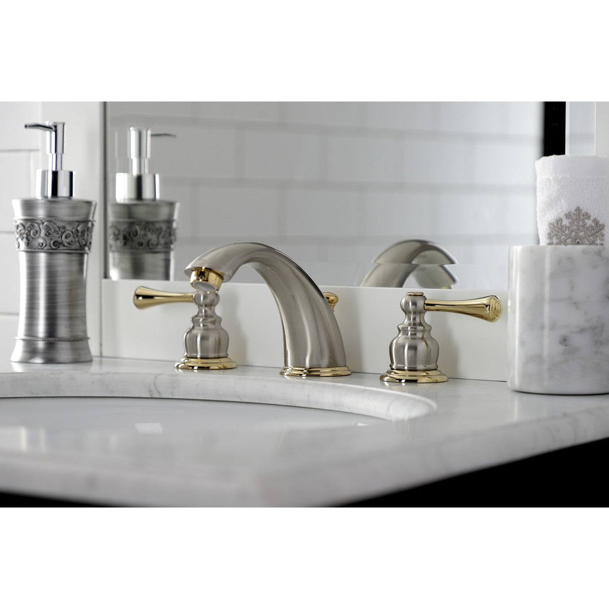 Vintage KB3979BL Two-Handle 3-Hole Deck Mount Widespread Bathroom Faucet with Plastic Pop-Up, Brushed Nickel/Polished Brass