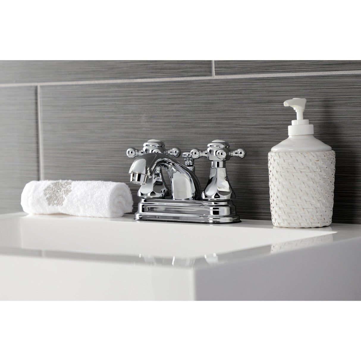 Metropolitan KB4601BX Two-Handle 3-Hole Deck Mount 4" Centerset Bathroom Faucet with Plastic Pop-Up, Polished Chrome