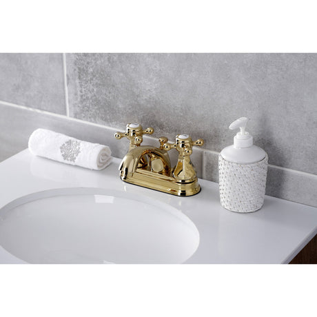 Metropolitan KB4602BX Two-Handle 3-Hole Deck Mount 4" Centerset Bathroom Faucet with Plastic Pop-Up, Polished Brass