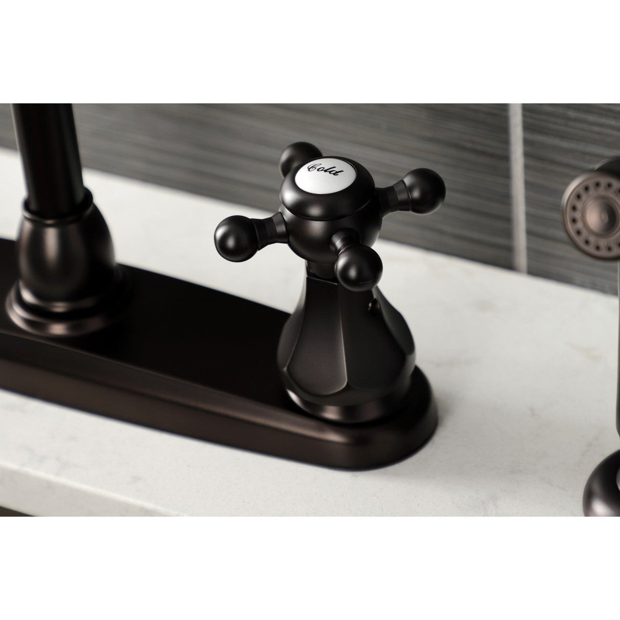 Metropolitan KB4725BXSP Two-Handle 4-Hole Deck Mount 8" Centerset Kitchen Faucet with Side Sprayer, Oil Rubbed Bronze