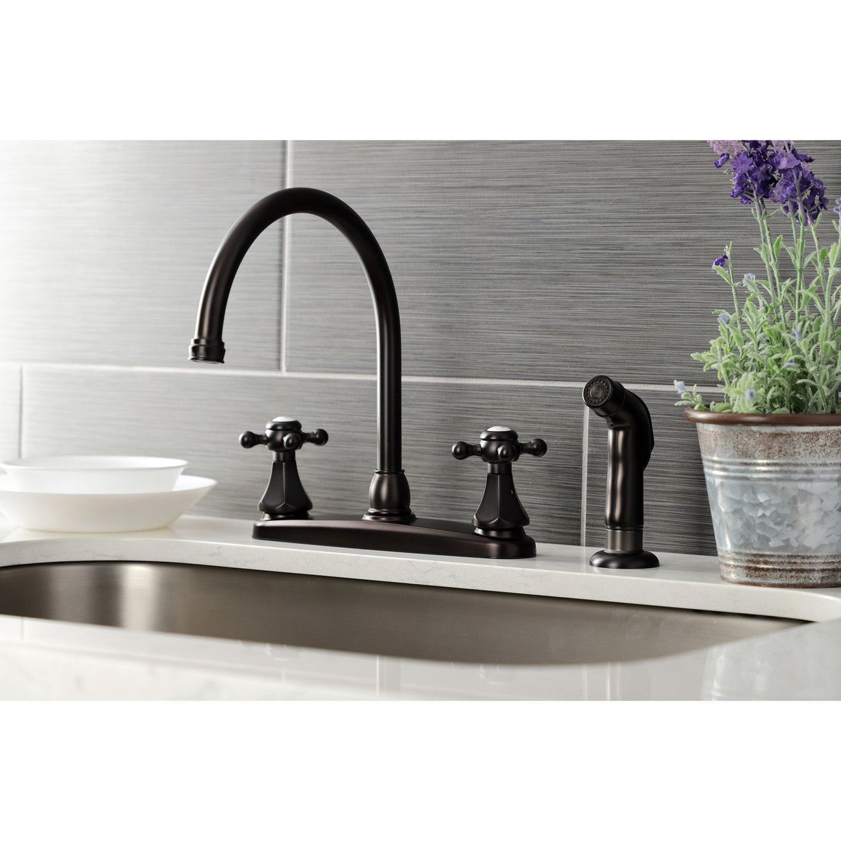Metropolitan KB4725BXSP Two-Handle 4-Hole Deck Mount 8" Centerset Kitchen Faucet with Side Sprayer, Oil Rubbed Bronze