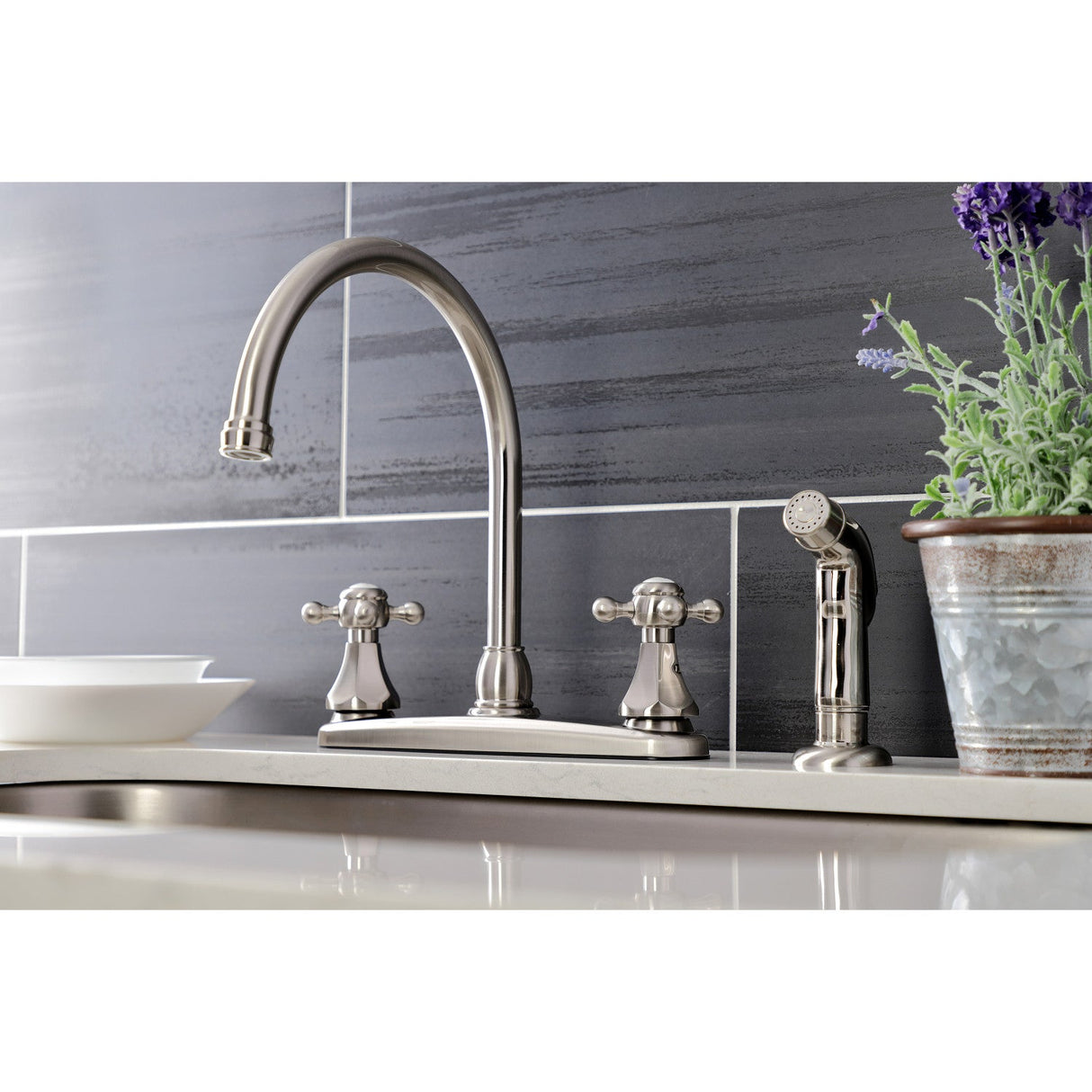 Metropolitan KB4728BXSP Two-Handle 4-Hole Deck Mount 8" Centerset Kitchen Faucet with Side Sprayer, Brushed Nickel