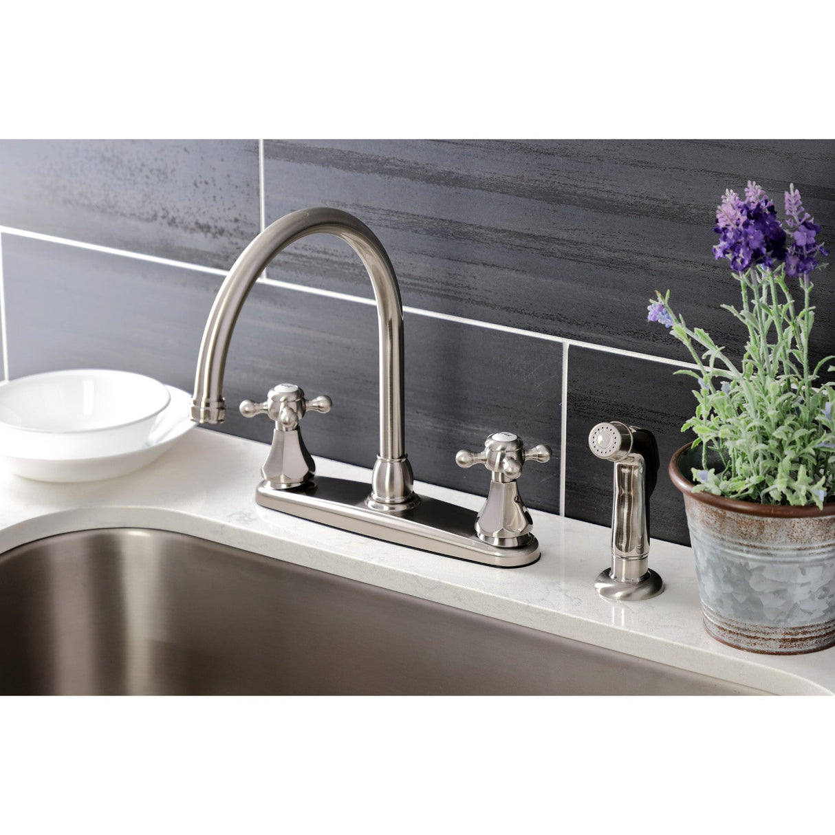 Metropolitan KB4728BXSP Two-Handle 4-Hole Deck Mount 8" Centerset Kitchen Faucet with Side Sprayer, Brushed Nickel