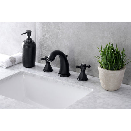 Metropolitan KB4980BX Two-Handle 3-Hole Deck Mount Widespread Bathroom Faucet with Plastic Pop-Up, Matte Black