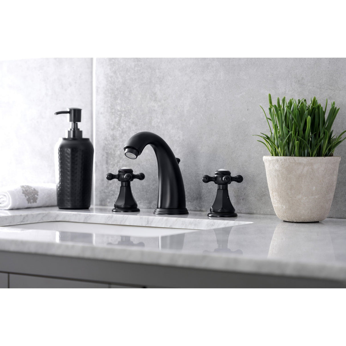 Metropolitan KB4980BX Two-Handle 3-Hole Deck Mount Widespread Bathroom Faucet with Plastic Pop-Up, Matte Black